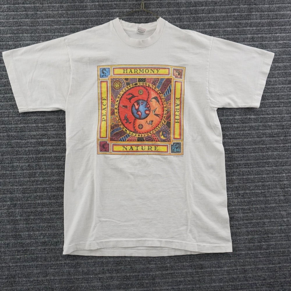 Vintage 90s Human-i-Tees T-Shirt Mens L White Harmony Nature Graphic